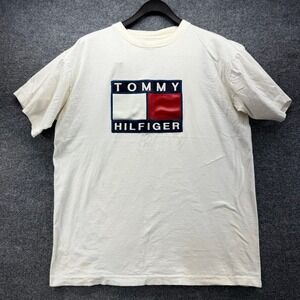 Vintage Tommy Hilfiger T Shirt Mens XL White Logo Graphic Tee Made in USA
